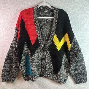 Vintage 90s Men's Street Scene Cardigan Sweater S Abstract Colorblock Geometric